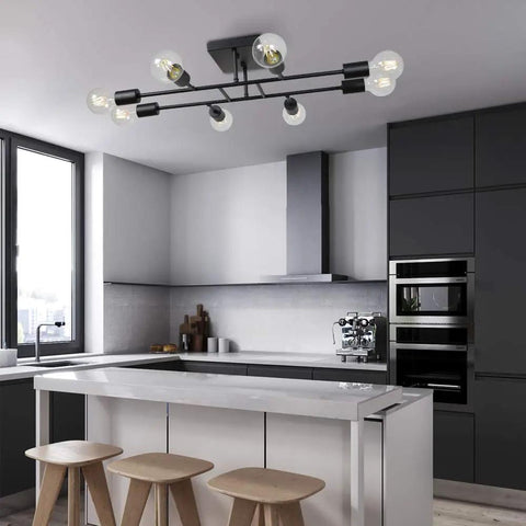 8 Light Sputnik Ceiling Light In Black Flush Mount With E26 Base, Industrial Vintage Chandelier For Dining Room And Kitchen