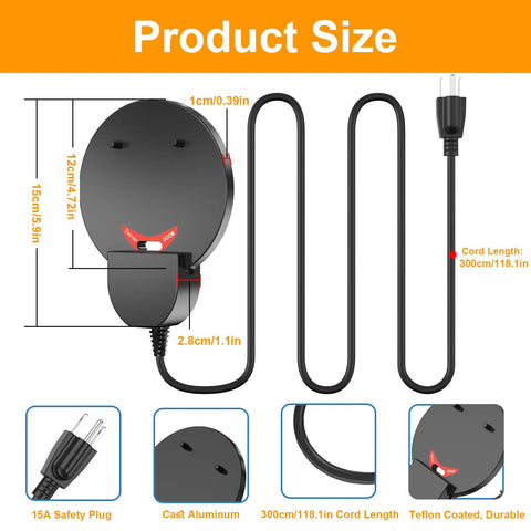 Ditch The Daily Ice Chipping Grind With This Heavy Duty 500W Poultry Water Heater featuring size and safety plug details.