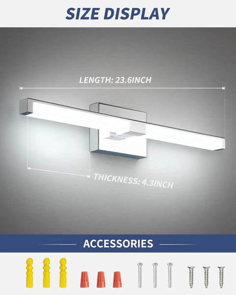 24 Inch LED Vanity Light Fixture With 16W 6000K Cool White Dimmable Over Mirror Bathroom Lighting In Black Modern Aluminum Bar