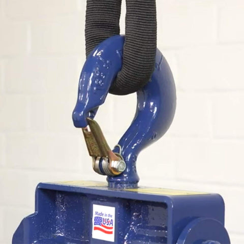 Close-up of blue hook on Heavy Duty 12 Inch Hook Type Sheaves With Welded Steel Frame And Self Lubricated Bearings For Eight Thousand Pound Cable Pulling Capacity And Rugged Construction For Tough Jobsites.