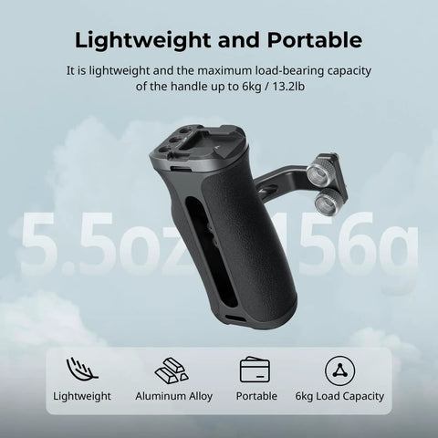 Ergonomic Mini Side Handle for Camera Cages with One Quarter Twenty Screws, lightweight aluminum, shown with load capacity icons