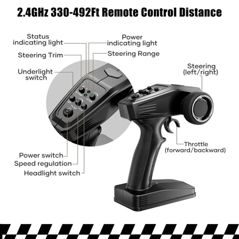 2.4GHz remote for Turn Up The Thrill With A Brushless One Sixteenth RC Monster Truck That Hits 35 MPH Dual 1500mAh Batteries