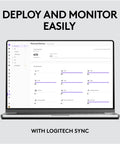 Laptop screen displaying Logitech Sync dashboard for device monitoring and management. Straight Up Full HD 1080P Business Webcam With Intelligent Auto Light Tuning For Razor Sharp Virtual Meetings And Google Meet Certified Desk Gear That Delivers Top Notch Clarity.