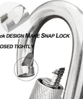 Close-up of Beefy Locking Carabiner Clips 2.36 Inch Heavy Duty Stainless Steel with thumb screw spring hook detail.