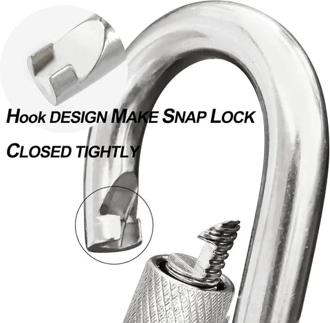 Close-up of Beefy Locking Carabiner Clips 2.36 Inch Heavy Duty Stainless Steel with thumb screw spring hook detail.