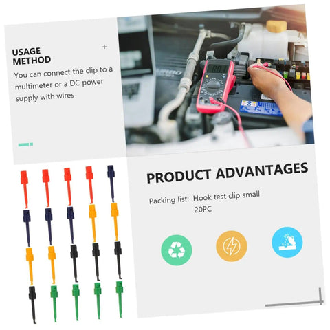 Alligator Clip Test Probes Set 20 Pack Mini Test Grabbers For Digital Multimeters shown with usage method and advantages.