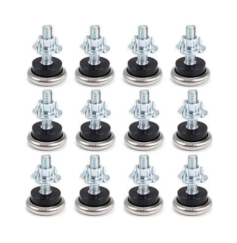 12 Pack M6 Adjustable Furniture Leveling Feet With T Nut Glide Pads for sturdy cabinets and tables, heavy-duty threaded glides.