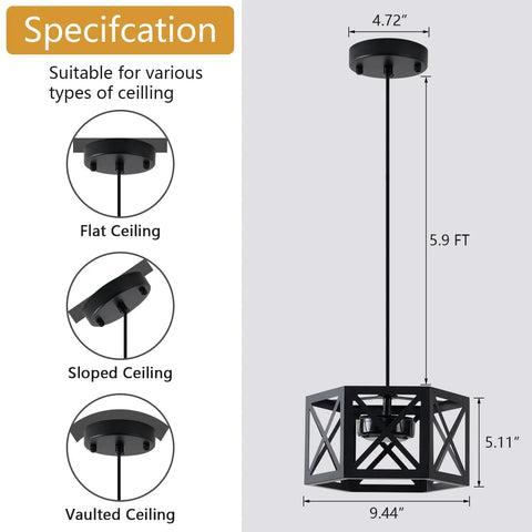 Diagram showing Farmhouse Pendant Light With Wood And Metal Cage, suitable for flat, sloped, vaulted ceilings, 5.9 ft adjustable height.