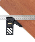 Professional Grade Carpentry Combination Square Layout Ruler With Dead On 45 And 90 Degree Marking on wood with measuring tape.