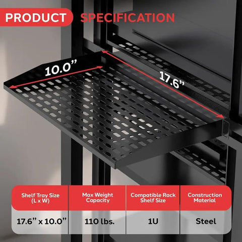 2 Piece 1U Vented Server Rack Shelf With Cantilever And Wall Mount For Universal Cabinet Installations, black steel