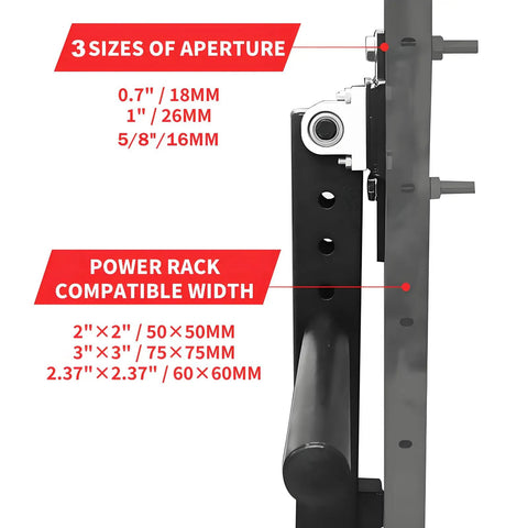 Leg Extension And Curl Machine Attachment For Power Rack And Home Gym Beefy Steel Build With Thick Foam Roller showing aperture sizes and compatible widths