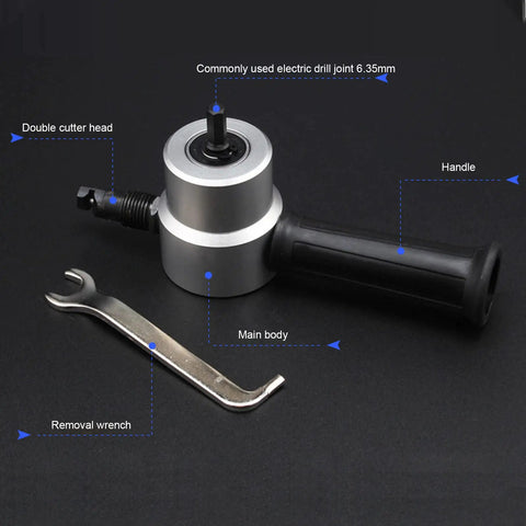Double Head Sheet Metal Nibbler Cutter Drill Attachment Aluminum Alloy tool with handle and removal wrench for precision cutting.