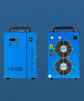Heavy Duty Industrial Water Chiller With Co2 Laser Coolant Fluid Rock Solid Six Liter Tank Built Damn Tough For Laser Engraving Machines And Cutters front and side view.