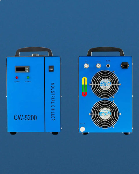 Heavy Duty Industrial Water Chiller With Co2 Laser Coolant Fluid Rock Solid Six Liter Tank Built Damn Tough For Laser Engraving Machines And Cutters front and side view.