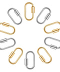 Ten Pack Screw Carabiner Lock Charms For DIY Jewelry Making Gold Tone Small Locking Carabiners Necklace Clasp Hooks And Key Ring Quick Links 17 By 29 Mm Durable Jewelry Findings For Crafting, gold and silver, arranged in a circle.