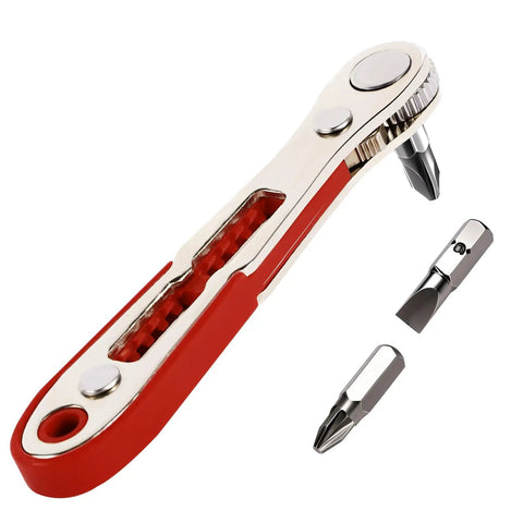 22-In-1 Magnetic Ratchet Screwdriver Set With Reversible Wrench And Bits in red, shown with two metal bits