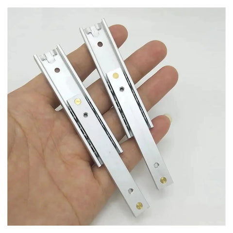 Top Shelf Side Mounted Ball Bearing Drawer Slides One Pair shown in hand, 140mm steel slides for smooth full extension.