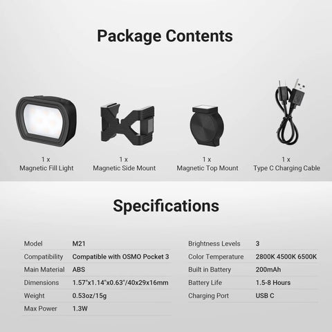 Package contents of Magnetic LED Fill Light For DJI Osmo Pocket 3 Gimbal, including mounts and Type C charging cable, specs shown.