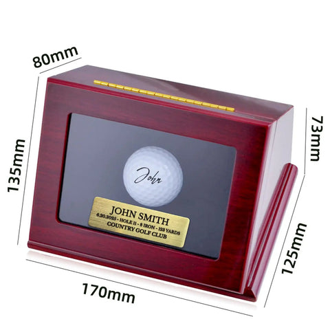 Golf Ball Display Case For Hole In One Memorabilia, Premium Walnut Wood Box With Engraved Metal Plate, UV Protected Cover, Single Ball Holder