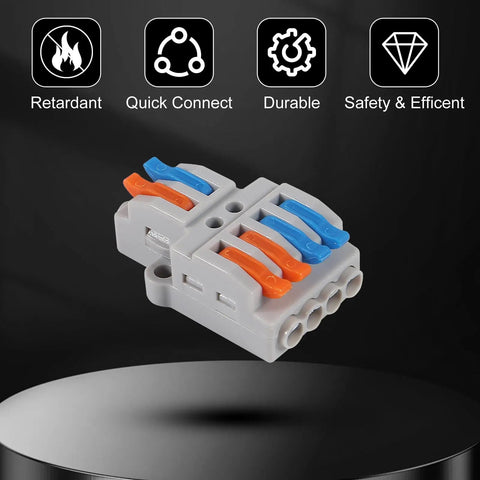 10 Pack Lever Wire Connectors Quick Wiring Cable Push-In Conductor Terminal Block 2 In 4 Out No Fuss Easy Install For Hard Wire 0.08-4.0mm2 And Soft Wire 0.08-2.5mm2 Great For Home, Lighting, Machinery And Electrical DIY. 2-in 4-out PA66/PC connector with lever clamps