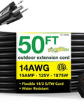 Heavy Duty 50 Foot Outdoor Extension Cord 14 Gauge 3 Conductor SJTW Black For Tools And Equipment, Rugged, Moisture Resistant