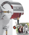 Heavy Duty Retractable Garden Hose Reel With Attached Fifty Meter Hose Wall Or Floor Mount metal winder and nozzle detail.