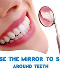 Stainless Steel Dental Mirror 6.5 Inch With Handle, Handy Dental Inspection Tool for Teeth Cleaning and Plaque Check, Eyelash Extensions and Makeup Inspection Mirror, Do It All Precision Mirror for Home Clinic Auto Interior. Close-up of stainless steel dental mirror inspecting teeth