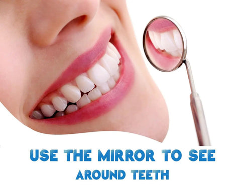 Stainless Steel Dental Mirror 6.5 Inch With Handle, Handy Dental Inspection Tool for Teeth Cleaning and Plaque Check, Eyelash Extensions and Makeup Inspection Mirror, Do It All Precision Mirror for Home Clinic Auto Interior. Close-up of stainless steel dental mirror inspecting teeth