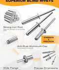 300 Piece 5/32 Inch Aluminum Blind Rivets Kit With Four Lengths 1/4 5/16 3/8 1/2 Inch Dome Head Open End Rivets Steel Mandrel