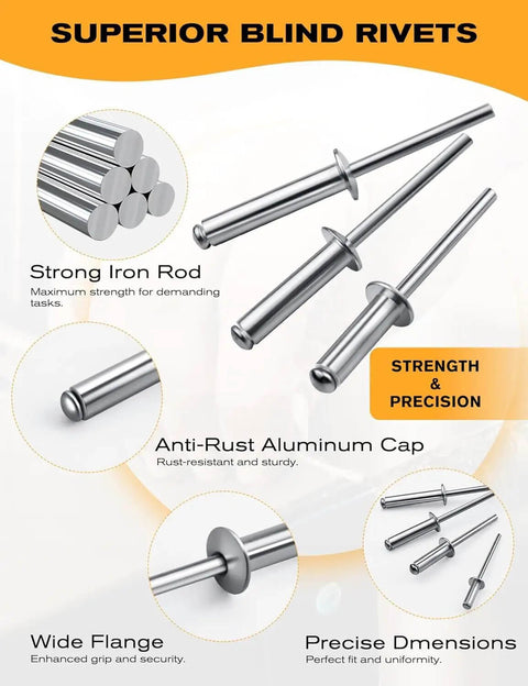 300 Piece 5/32 Inch Aluminum Blind Rivets Kit With Four Lengths 1/4 5/16 3/8 1/2 Inch Dome Head Open End Rivets Steel Mandrel