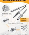 Heavy Duty Aluminum Blind Rivets 100 Pack 5 32 Inch By 1 2 Inch Pop Rivets with solid steel mandrel and anti-rust design.