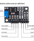 Close-up of Turbidity Sensor Module TS 300B with digital output, 0-4.5V analog signal, showing pin definitions and sensitivity knob.