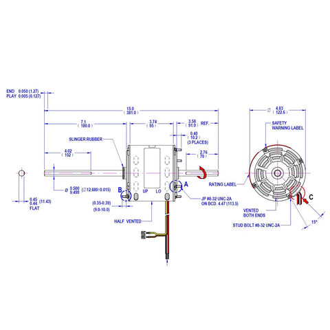Technical blueprint of Replacement RV Air Conditioner Motor D1092 With Capacitor For Coleman Mach Units One Third HP 115V 1675 RPM