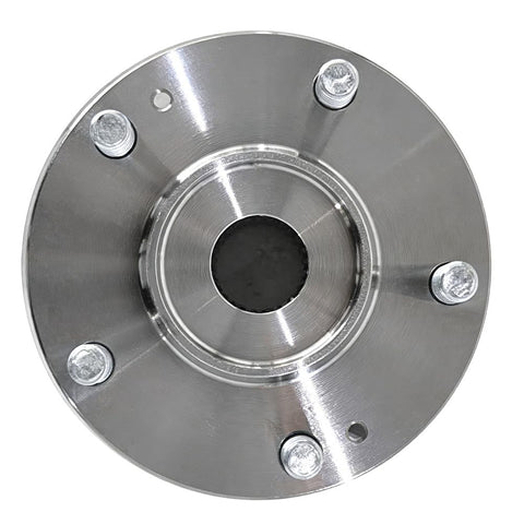 Front view of Front Wheel Bearing Hub Assembly Five Lug Fits 2017-2023 Hyundai Elantra And 2017-2020 Hyundai Elantra GT 2017-2022 Kia Niro 2019-2022 Kia Forte 2019-2021 Hyundai Veloster Low Runout Quieter Ride Easy Install, showing a metal hub with five lug bolts.