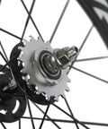 Close-up of 88mm Carbon Clincher Fixed Gear Wheelset With 23mm Width For Single Speed Bikes, Lightweight 2170g, Toray T700 with cog