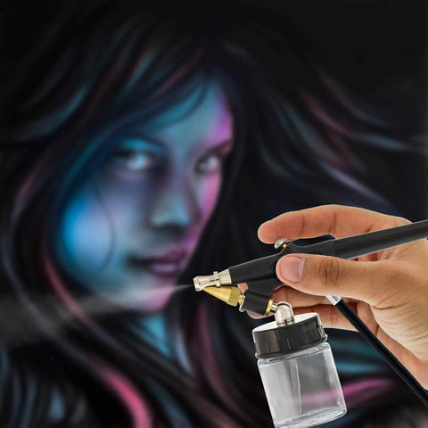 Hand using Beginner Friendly Single Action External Mix Siphon Feed Airbrush Set With 0.8mm Tip And One Eighth Inch Air Inlet