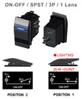 3 Pin Boat Rocker Switch SPST On Off Waterproof IP68 For Marine Use 12V 24V Dual Voltage With Blue LED Indicator, Easy Wiring, Heavy Duty Marine Grade Panel Mount, Ready To Wire For Boats Yachts Pontoon, front and side view