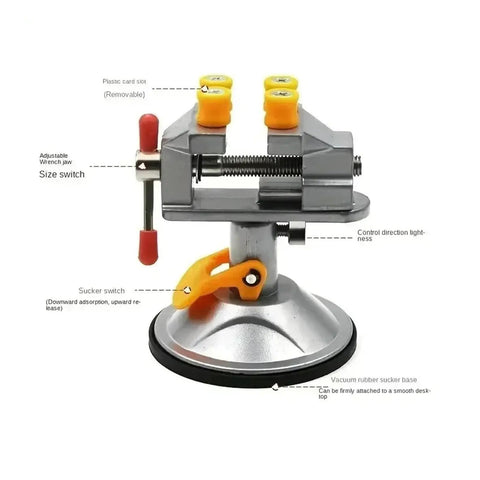 Super Durable Cast Iron Small Bench Vise With Suction Cup Flat Jaws And Precision Clamping Power For Hardwood Carving DIY Projects At Home Workshop Or Garage Table Use with adjustable jaws and suction base.