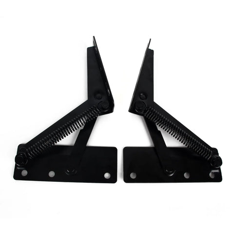 Black Heavy Duty Stainless Steel 80 Degree Foldable Lifting Brackets With Rock Solid Spring Action And Top Shelf Hardware Support For Cabinet Doors And Drawers Two Pack, side view with spring mechanism.