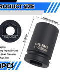33mm One Inch Drive Deep Impact Socket With Six Point Open Ends That Lock Onto Axle And Lug Nuts Fast Heavy Duty Steel side view with size details