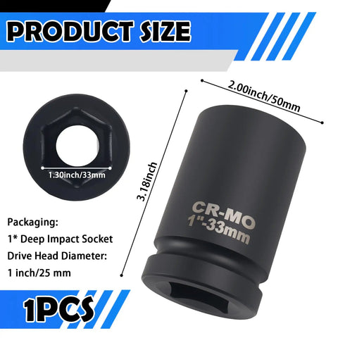 33mm One Inch Drive Deep Impact Socket With Six Point Open Ends That Lock Onto Axle And Lug Nuts Fast Heavy Duty Steel side view with size details