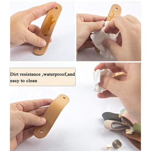 Rock Solid Set Of Six Premium Genuine Cowhide Leather Drawer Pulls With Brass Screws Handmade Cabinet Handles For Bedroom Bathroom Home Decor Light Green, demonstrating easy cleaning process.