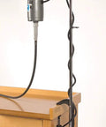 Flex Shaft Motor Hanger With Bench Clamp, 9 Inch Swing Arm, Telescoping Extension Up To 42 Inches attached to wood workbench.