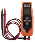 ET250 Voltage Meter And AC/DC Tester Digital Multimeter For Low Voltage Work With Auto On When Measuring, Backlit LCD Display, Built In Test Lead Holders And Battery Included, shown with attached test leads and backlit screen