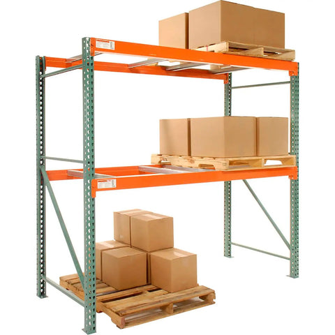 Tough As Nails Teardrop Pallet Rack Starter Unit For Heavy Duty Warehouse Shelving with boxes on pallets and dual frames.