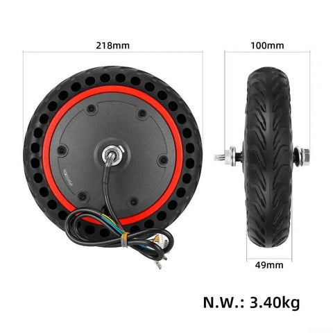 Powerful 350W 36V 8.5 Inch Electric Scooter Hub Motor Replacement with solid tire, red trim, size dimensions shown
