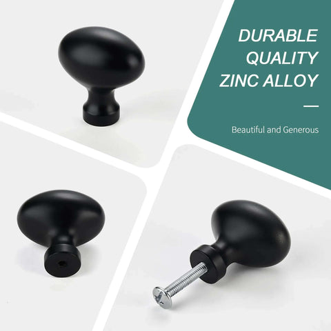 Collage of matte black cabinet knobs with screws, featuring durable quality zinc alloy. Matte Black Cabinet Knobs 10 Pack Solid Zinc Alloy Handles