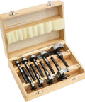 Professional Grade Badass Forstner Bit Nine Piece Set Featuring Hardcore Rust Resistant Black Oxide Coating And Guaranteed Zero Slip Half Inch Hex Shafts For Dead On Accurate Woodworking Projects Spanning One To Three Inches in a wooden case.