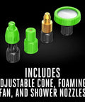 Adjustable cone, foaming, fan, and shower nozzles for Cordless 4 Gallon Backpack Sprayer With Brushless Motor Delivers Up To 350 Psi Adjustable Pressure Knob And Wand With Cone Foaming Fan And Shower Nozzles Plus Comfortable Back Pad And Waist Straps Battery And Charger Not Included.