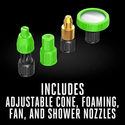 Adjustable cone, foaming, fan, and shower nozzles for Cordless 4 Gallon Backpack Sprayer With Brushless Motor Delivers Up To 350 Psi Adjustable Pressure Knob And Wand With Cone Foaming Fan And Shower Nozzles Plus Comfortable Back Pad And Waist Straps Battery And Charger Not Included.